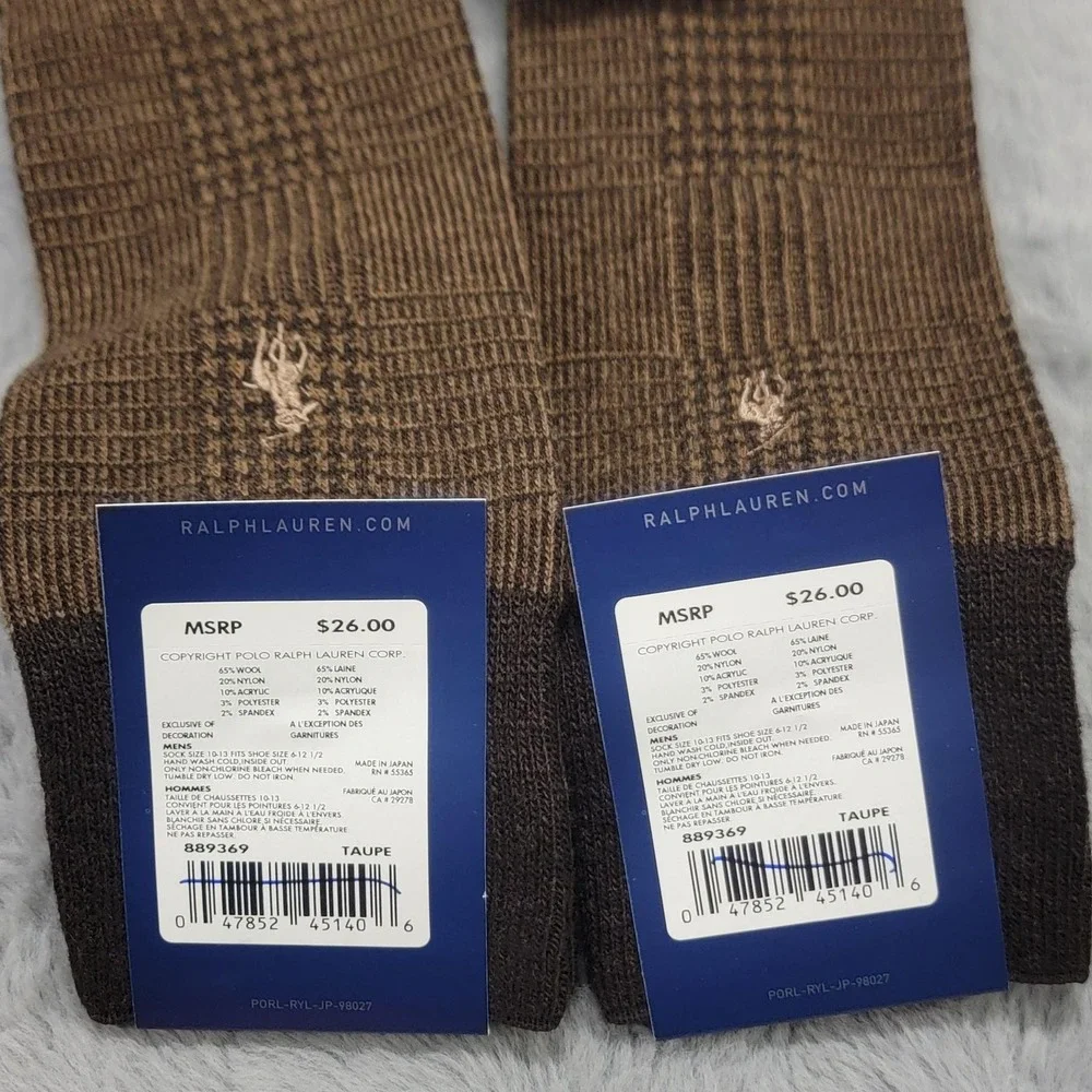 Polo Ralph Lauren Wool Socks Mens 10-13 Brown Check Dress Mid Calf Japan 2 Pairs